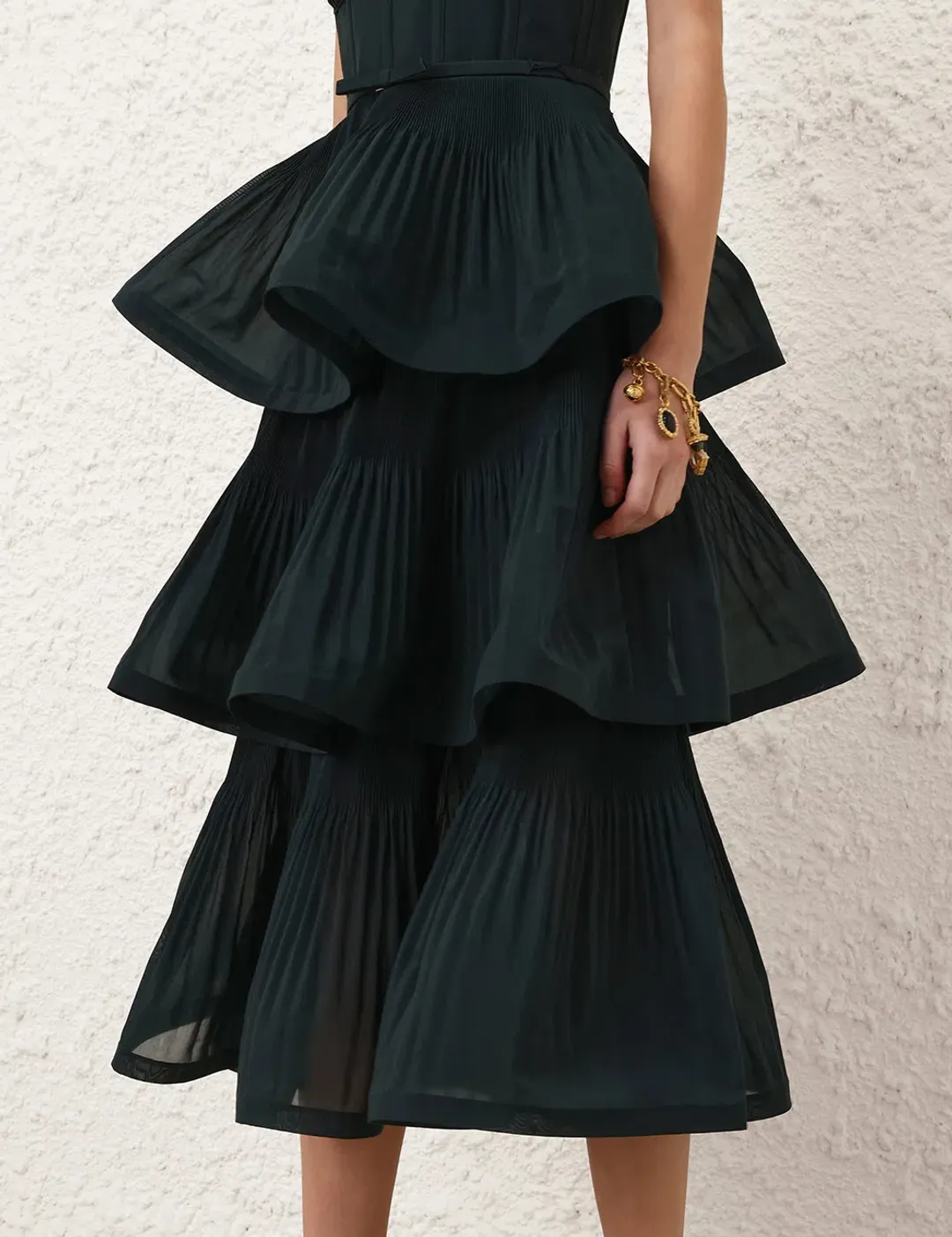 Zimmermann Pleated Tiered Midi Dress Bottle Green - size 1/AU10 for rent on The Volte - main image