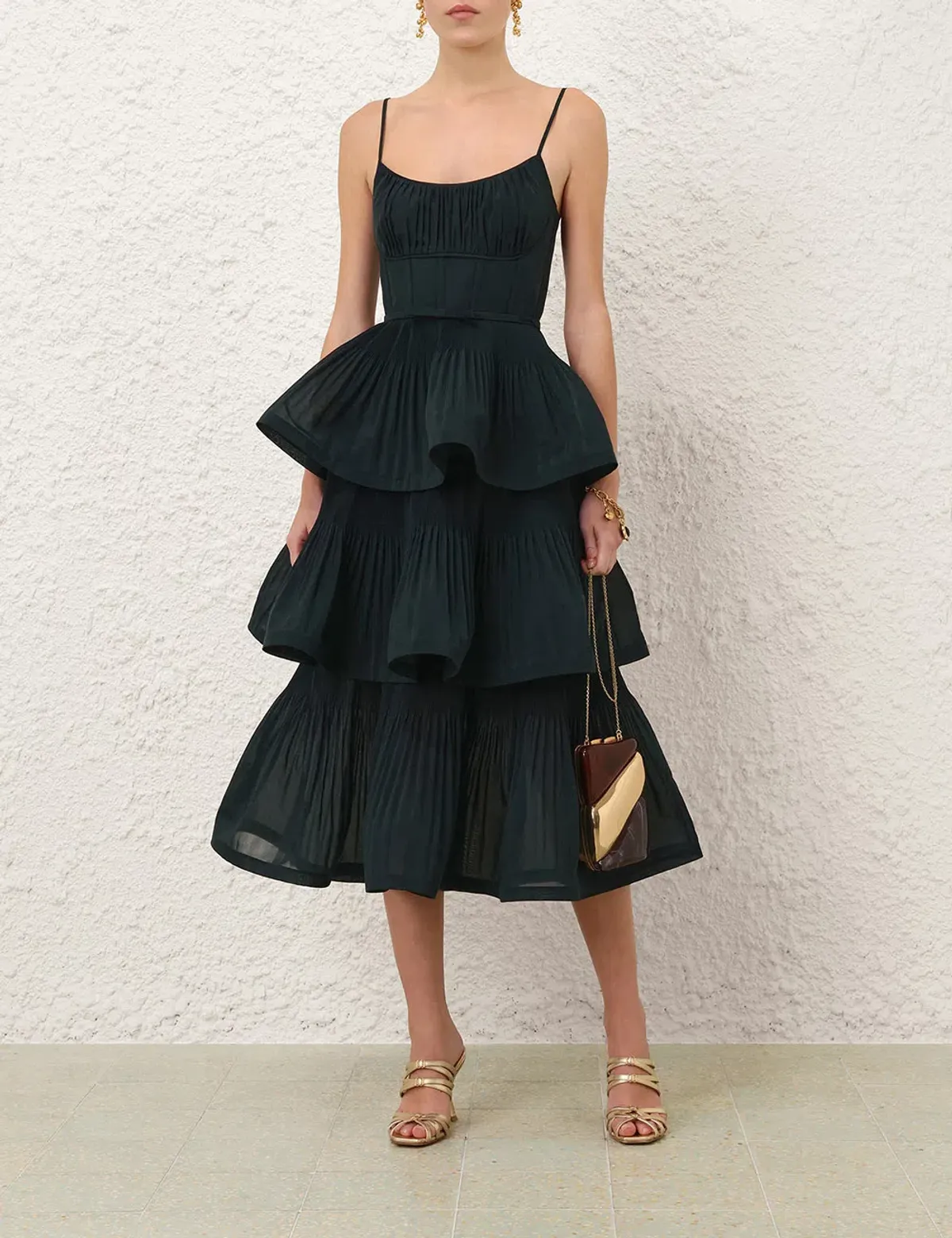 Zimmermann Pleated Tiered Midi Dress Bottle Green - size 1/AU10 - Image 1