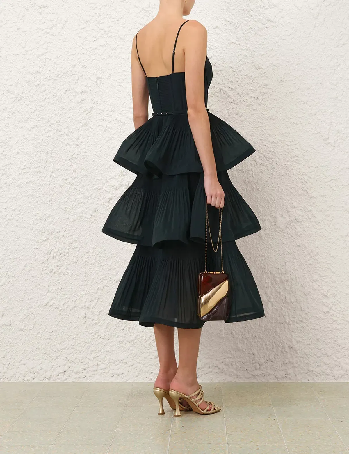 Zimmermann Pleated Tiered Midi Dress Bottle Green - size 1/AU10 - Image 3
