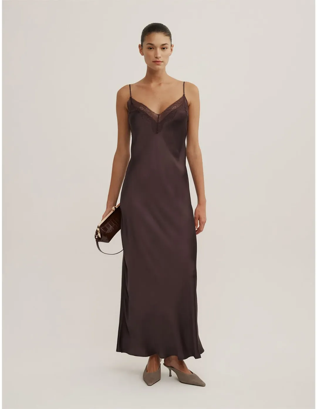 Witchery Lace Neck Slip Dress Size 12 AU Espresso for rent on The Volte - main image