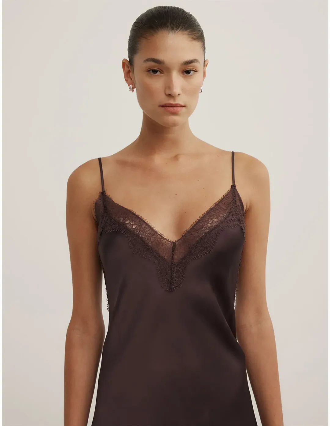 Witchery Lace Neck Slip Dress Size 12 AU Espresso for rent on The Volte - main image