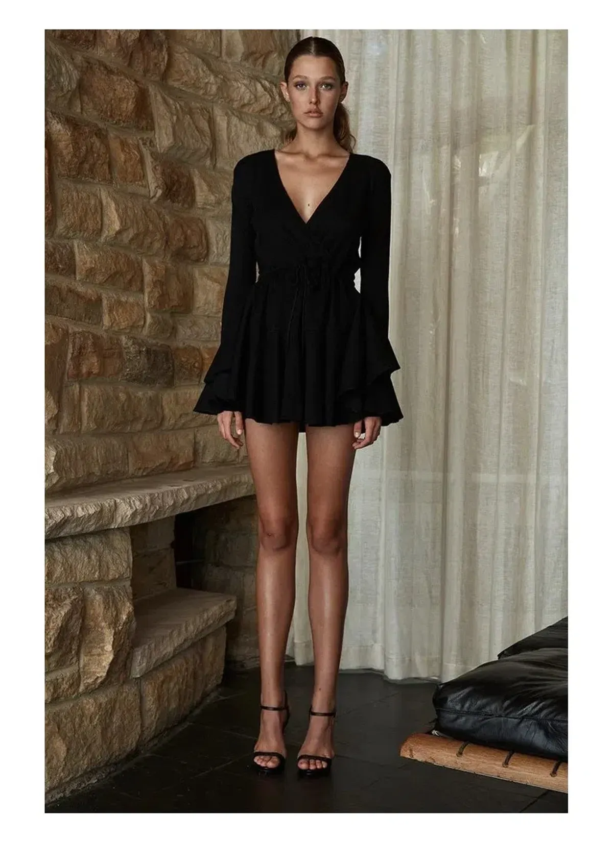 Shona Joy Diana Frill Cuff Drawstring Mini Dress Black Size 6 - Image 1