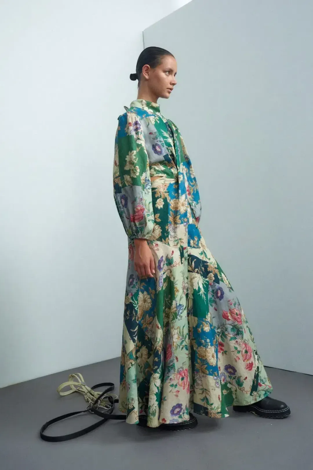 Alemais Loretta Long Sleeve Cutout Linen Patchwork Midi Dress for rent on The Volte - main image