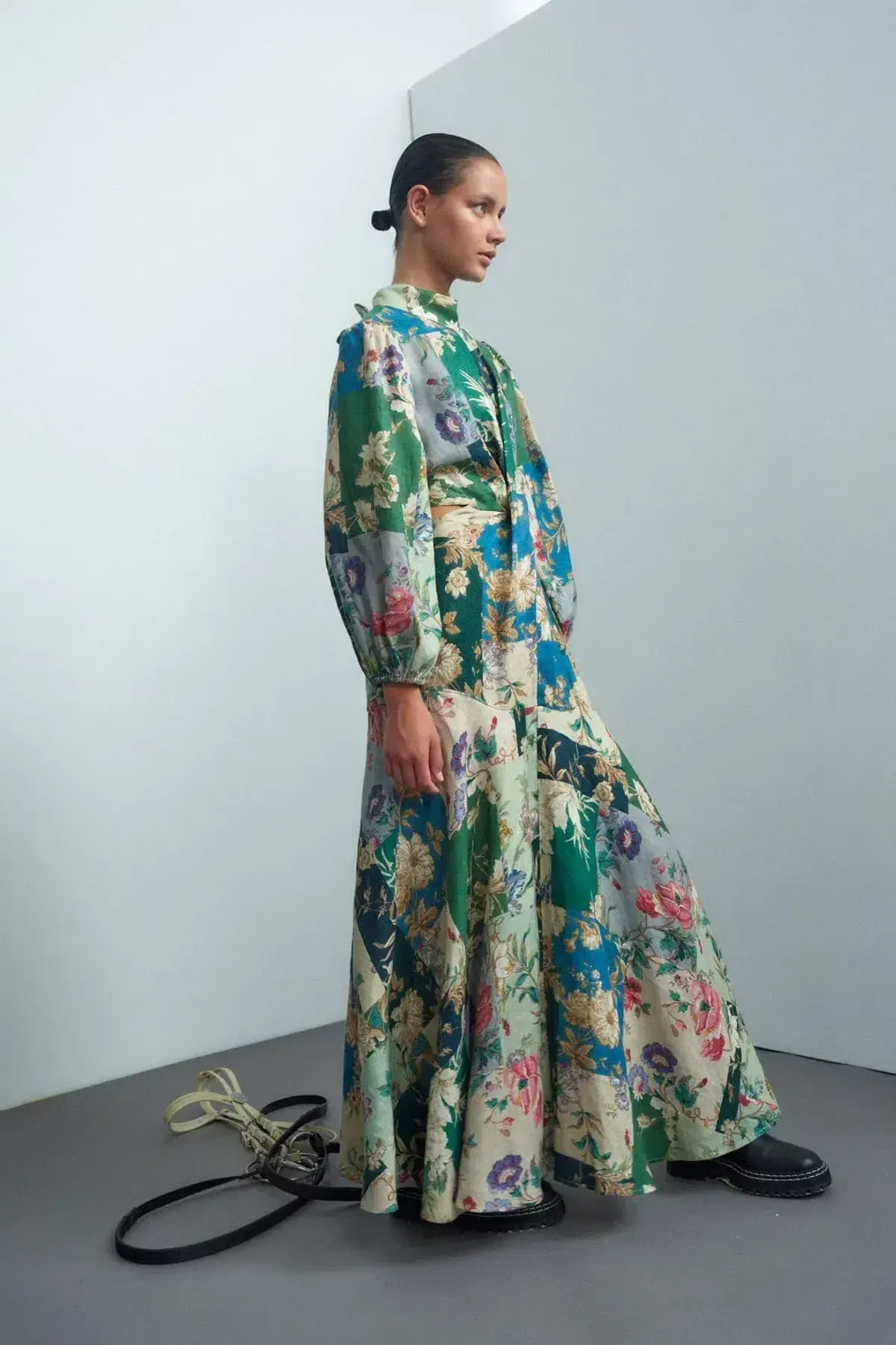 Alemais Loretta Long Sleeve Cutout Linen Patchwork Midi Dress for rent on The Volte - main image
