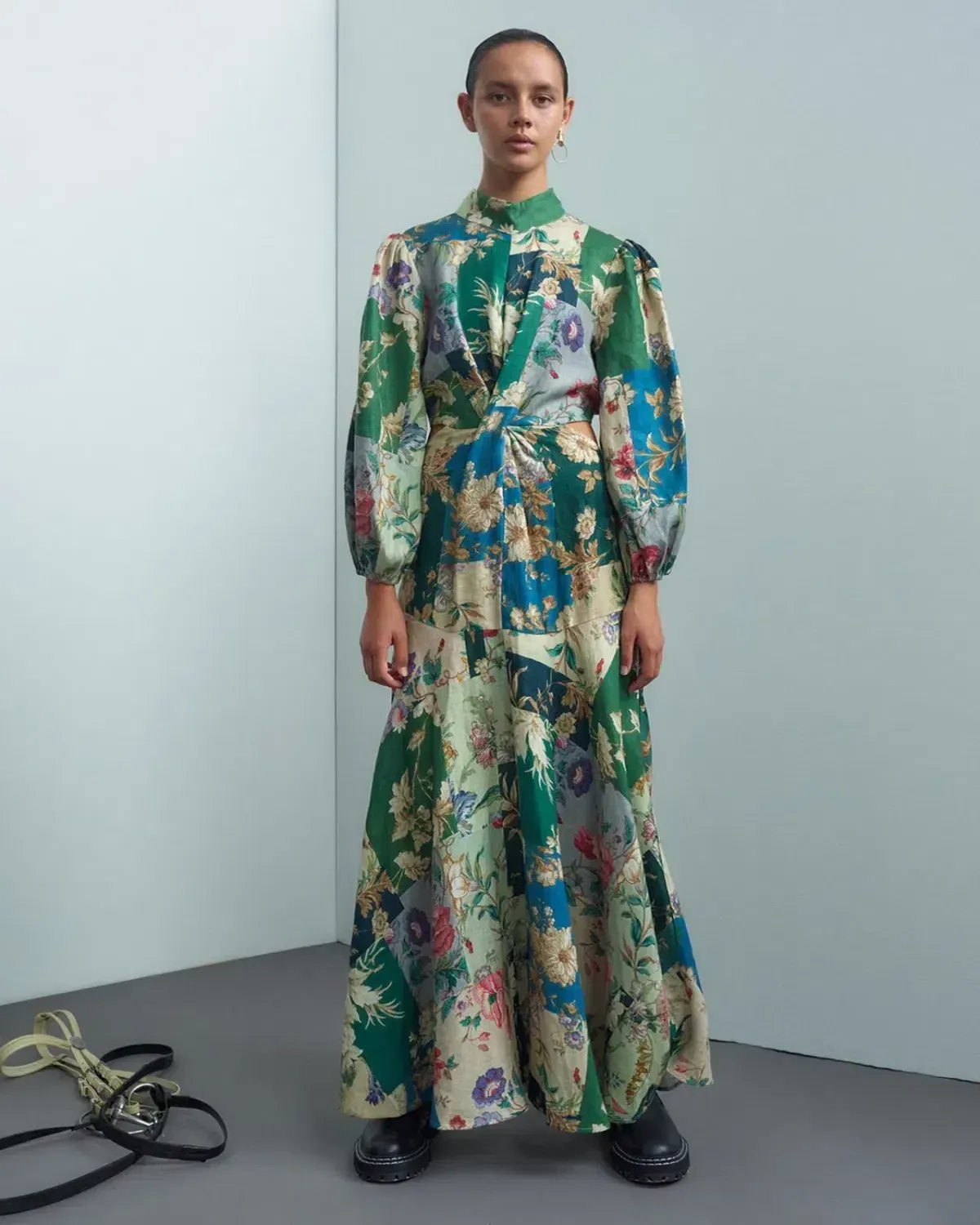 Alemais Loretta Long Sleeve Cutout Linen Patchwork Midi Dress - Image 2