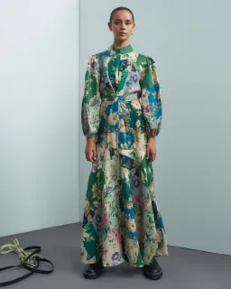 Alemais Loretta Long Sleeve Cutout Linen Patchwork Midi Dress for rent on The Volte - image 2