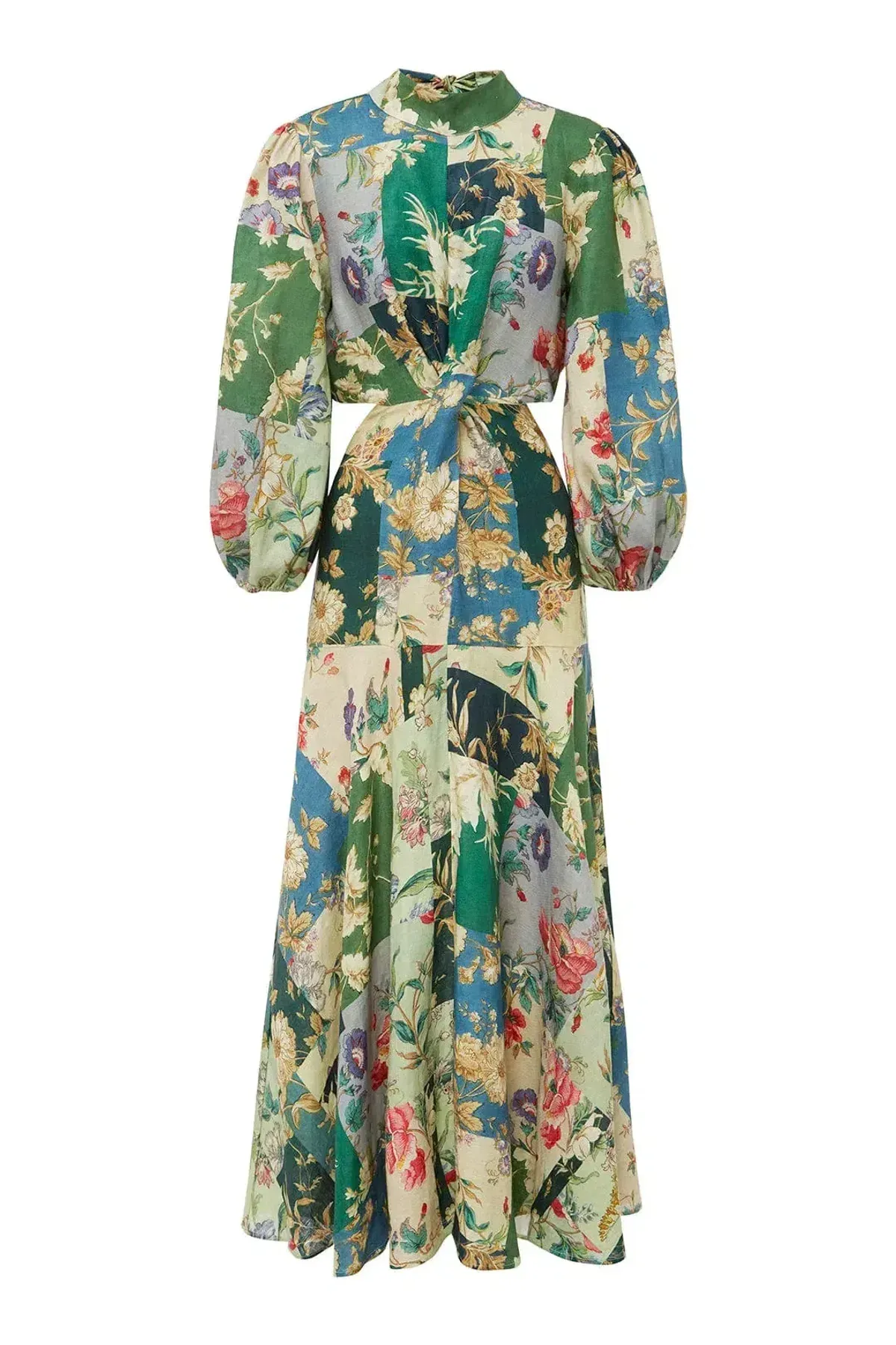 Alemais Loretta Long Sleeve Cutout Linen Patchwork Midi Dress - Image 4