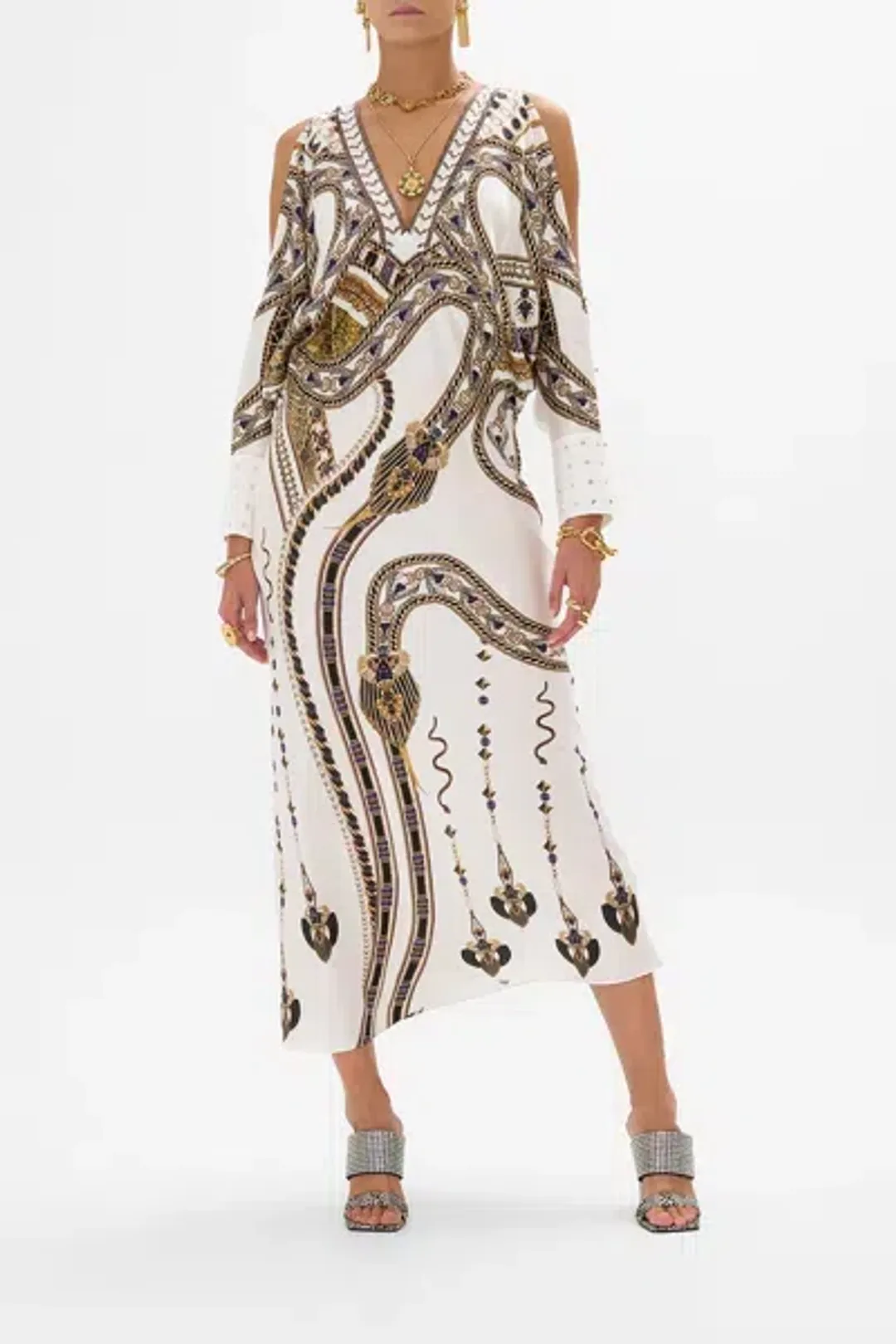 The Camilla Goddess Energy Plunge Neck Draped Dress size L for rent on The Volte - main image