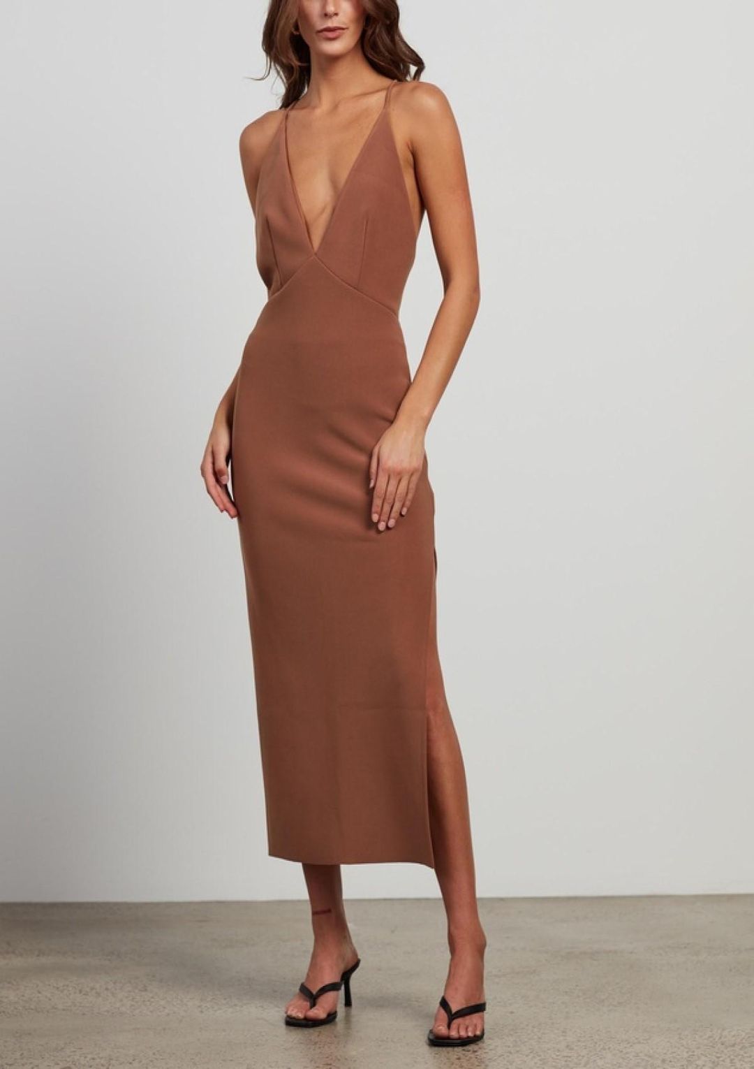 Bec & Bridge Maddison V Midi Dress Brown Size 6 for rent on The Volte - main image