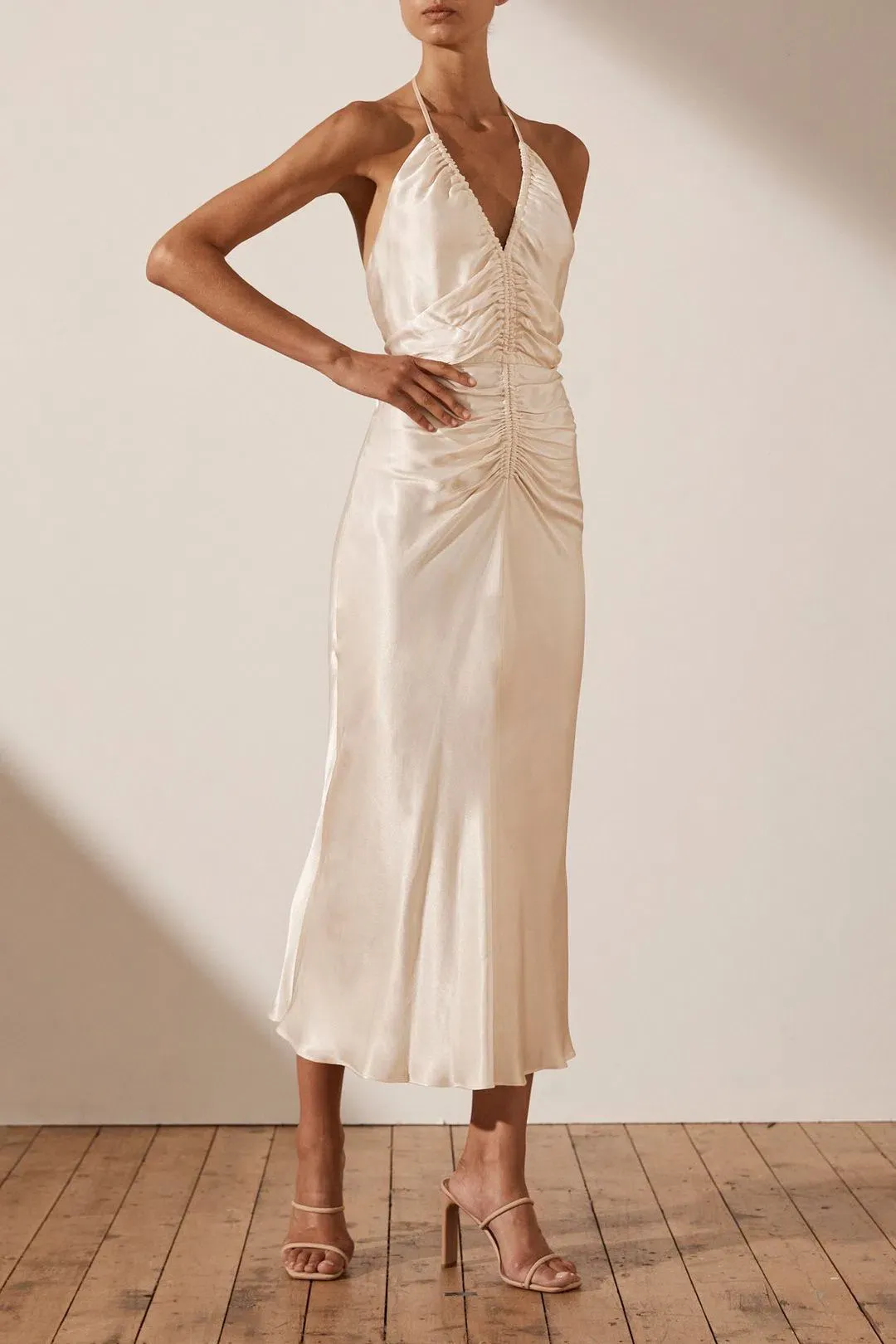 Shona Joy Sophia Ruched Halter Dress Cream Size 12 for rent on The Volte - main image