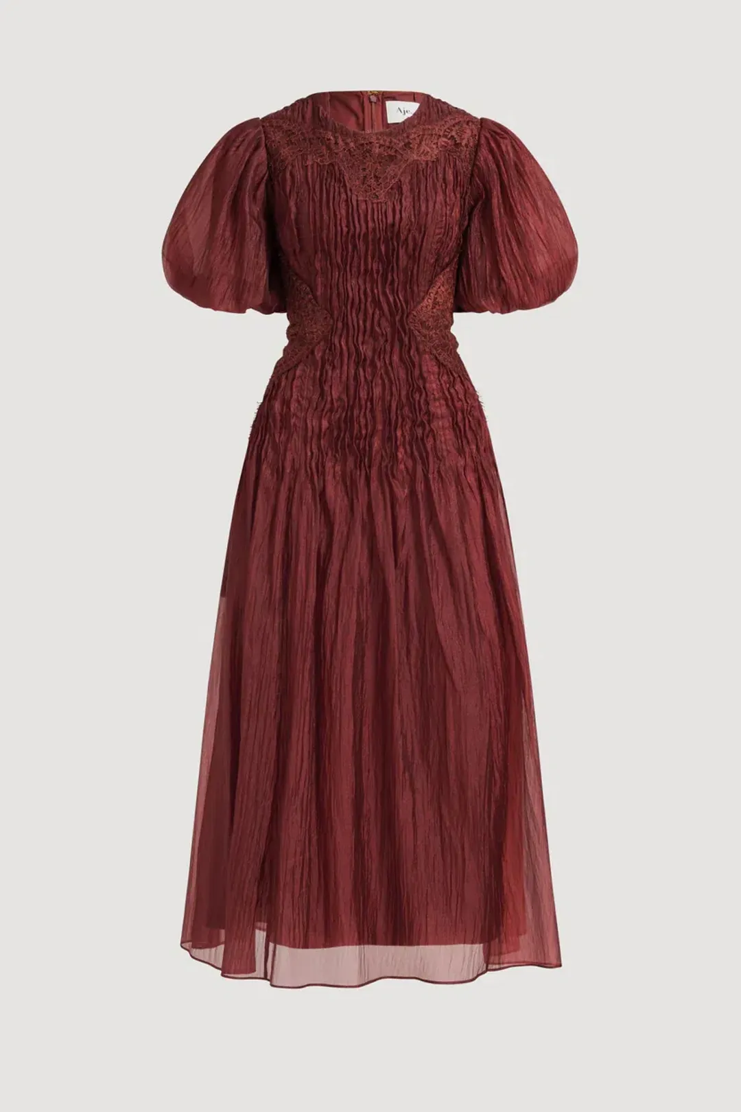 Aje Ophelia Lace Midi Dress Mahogany Size AU12 for rent on The Volte - main image