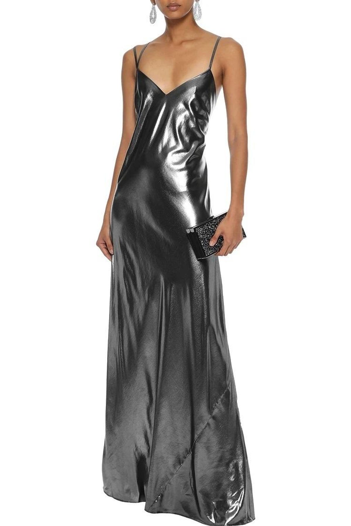 Michelle Mason Draped Lamé Gown Gunmetal Size 2 for rent on The Volte - main image