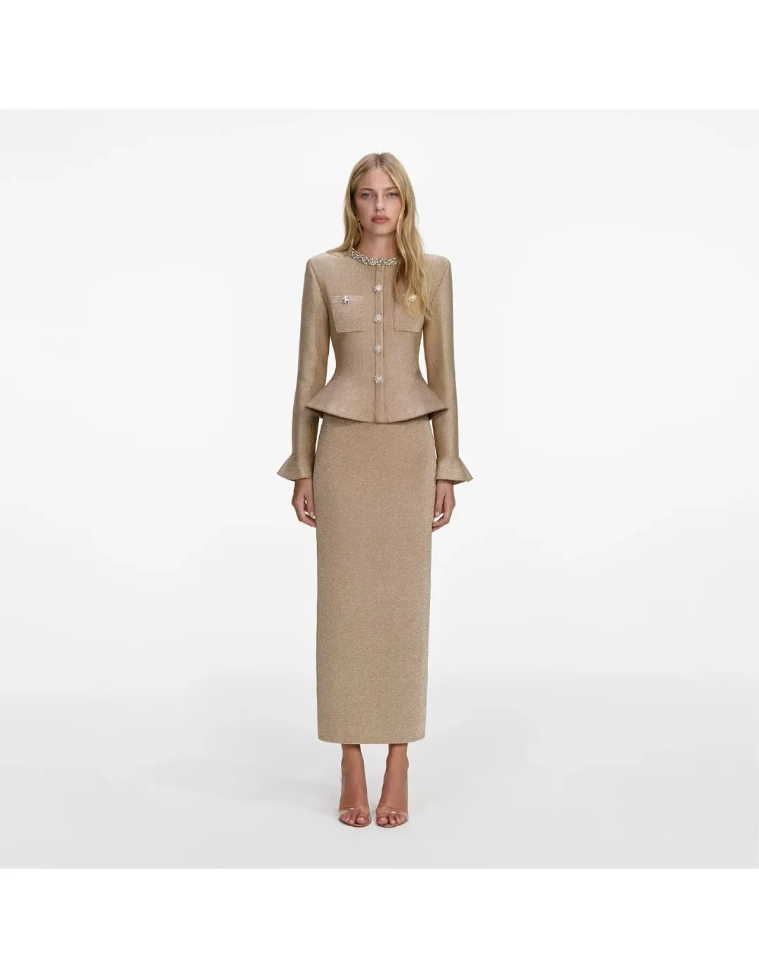 Self-Portrait Gold Crystal Trim Knit Midi Dress XS for rent on The Volte - main image