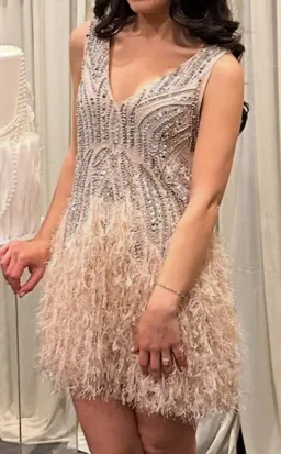 ASOS EDITION crystal and bead mini dress with faux feather hem in blush pink in size 6 for rent on The Volte - image 2