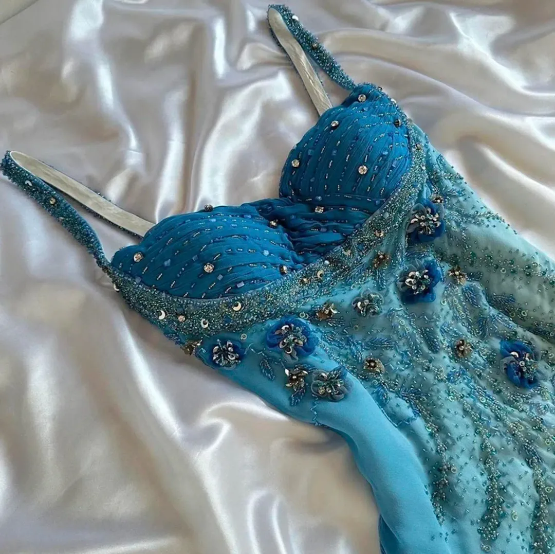 Custom Blue Beaded Sequin Maxi Dress Size 8 for rent on The Volte - main image