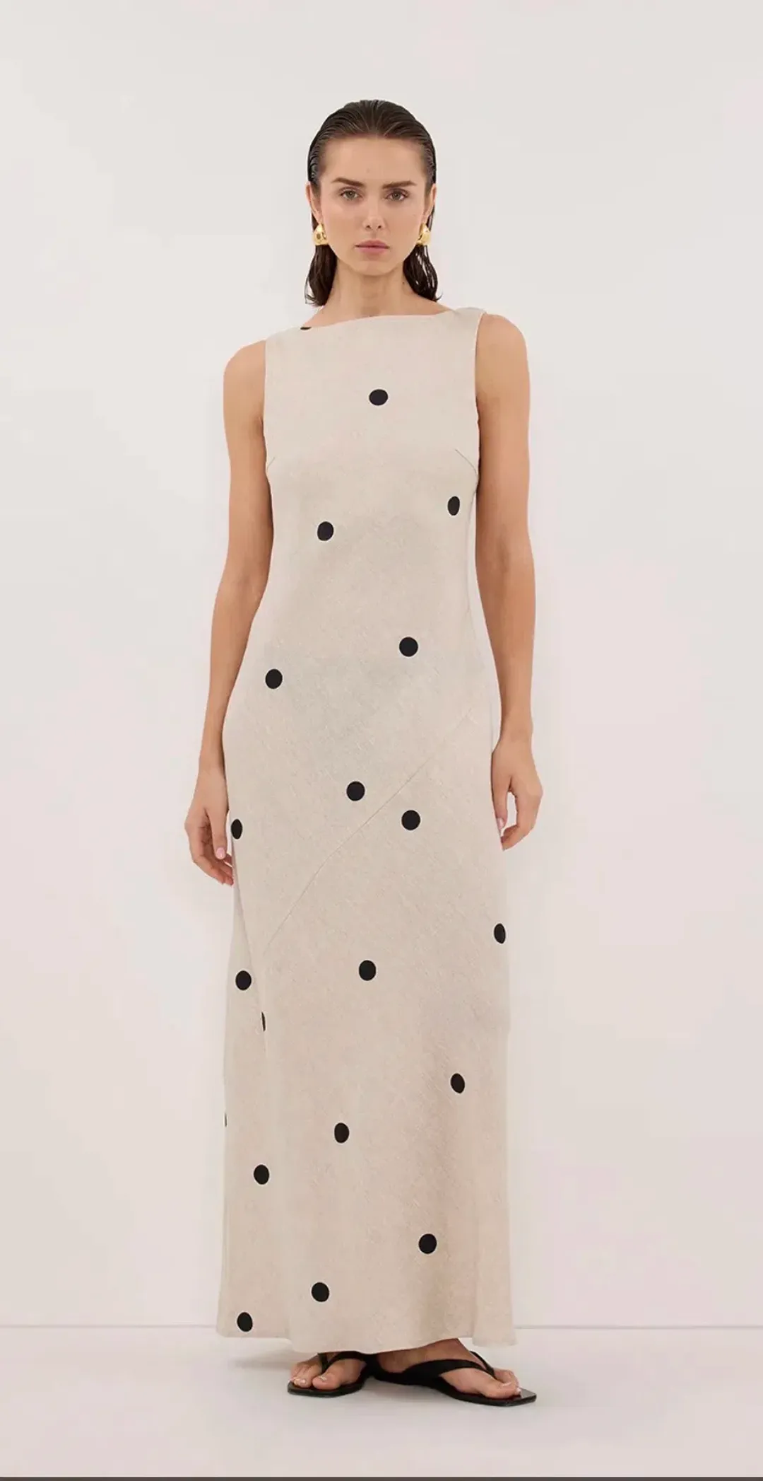 Beverly Natural Spot Linen Midi Dress Size 14 for rent on The Volte - main image