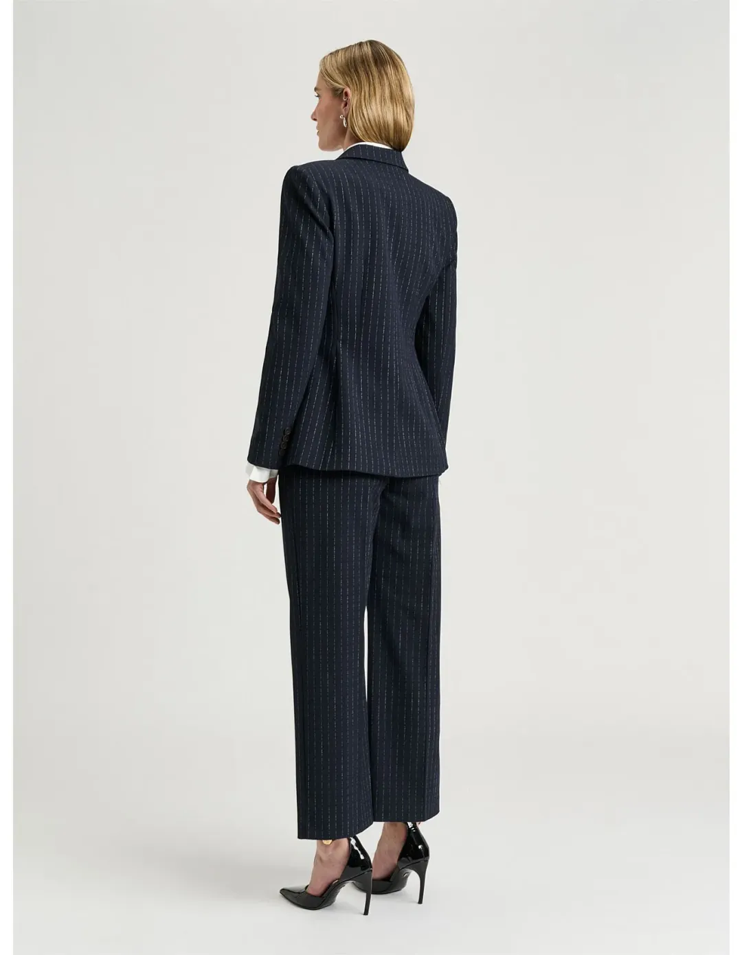 Veronika Maine Navy Pinstripe Fitted Blazer Size 12 AU for rent on The Volte - main image