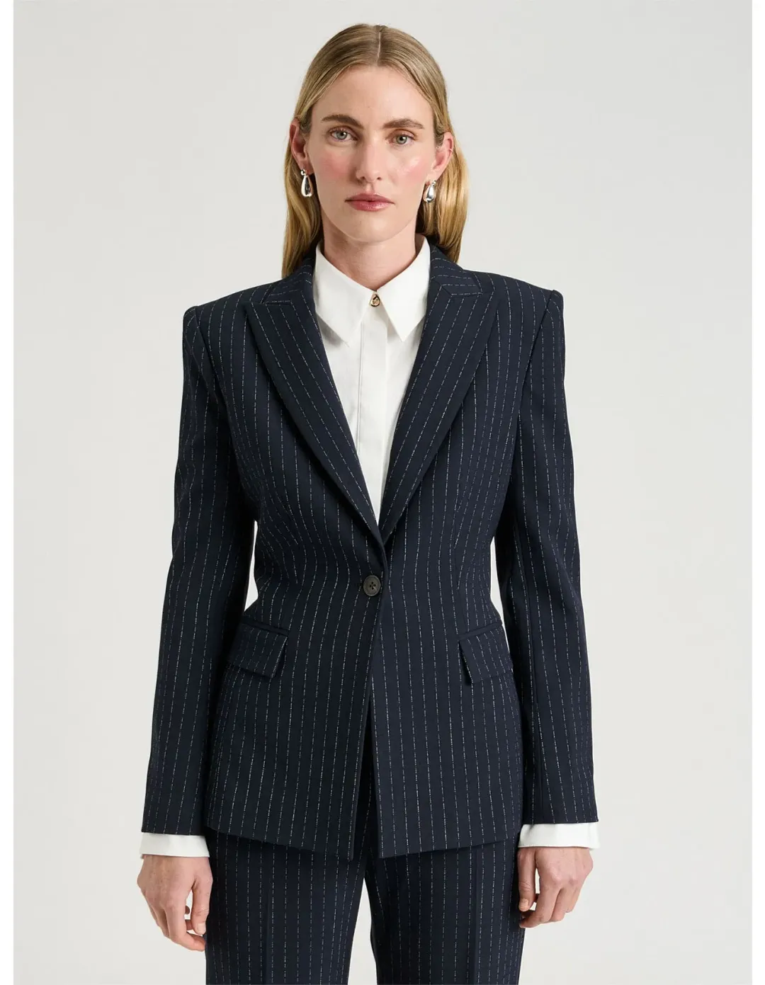 Veronika Maine Navy Pinstripe Fitted Blazer Size 12 AU for rent on The Volte - main image