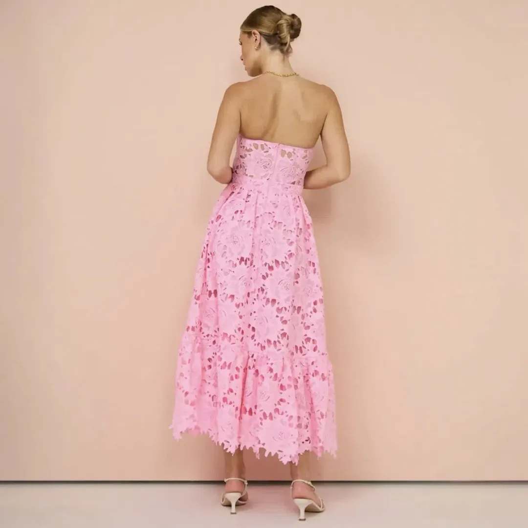 Leo Lin Emilia Lace Bustier Midi Dress Candy Pink AU 14 for rent on The Volte - main image