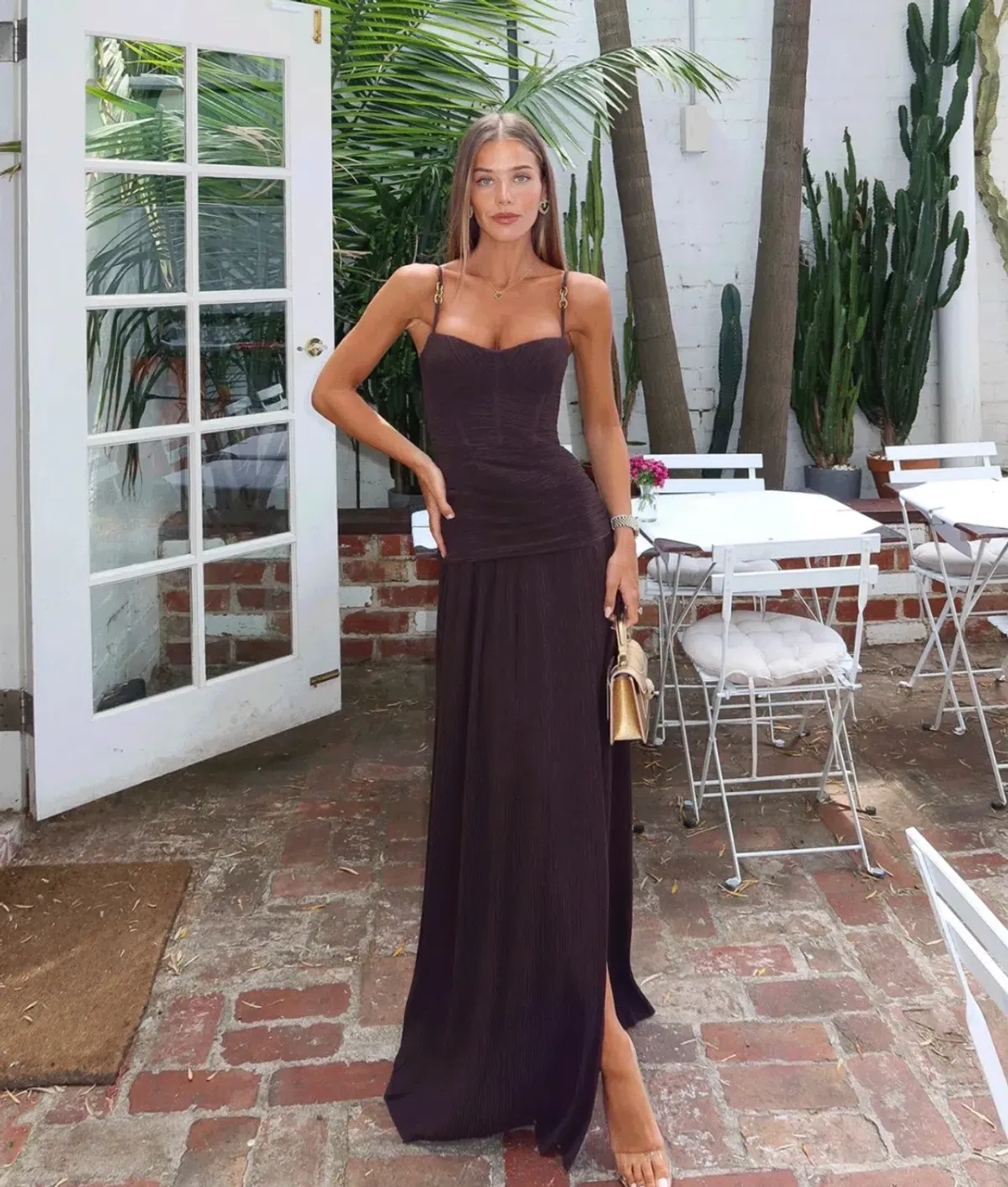 Manning Cartell Double Time Pleat Maxi Dress Dark Chocolate Brown Size 6 for rent on The Volte - main image