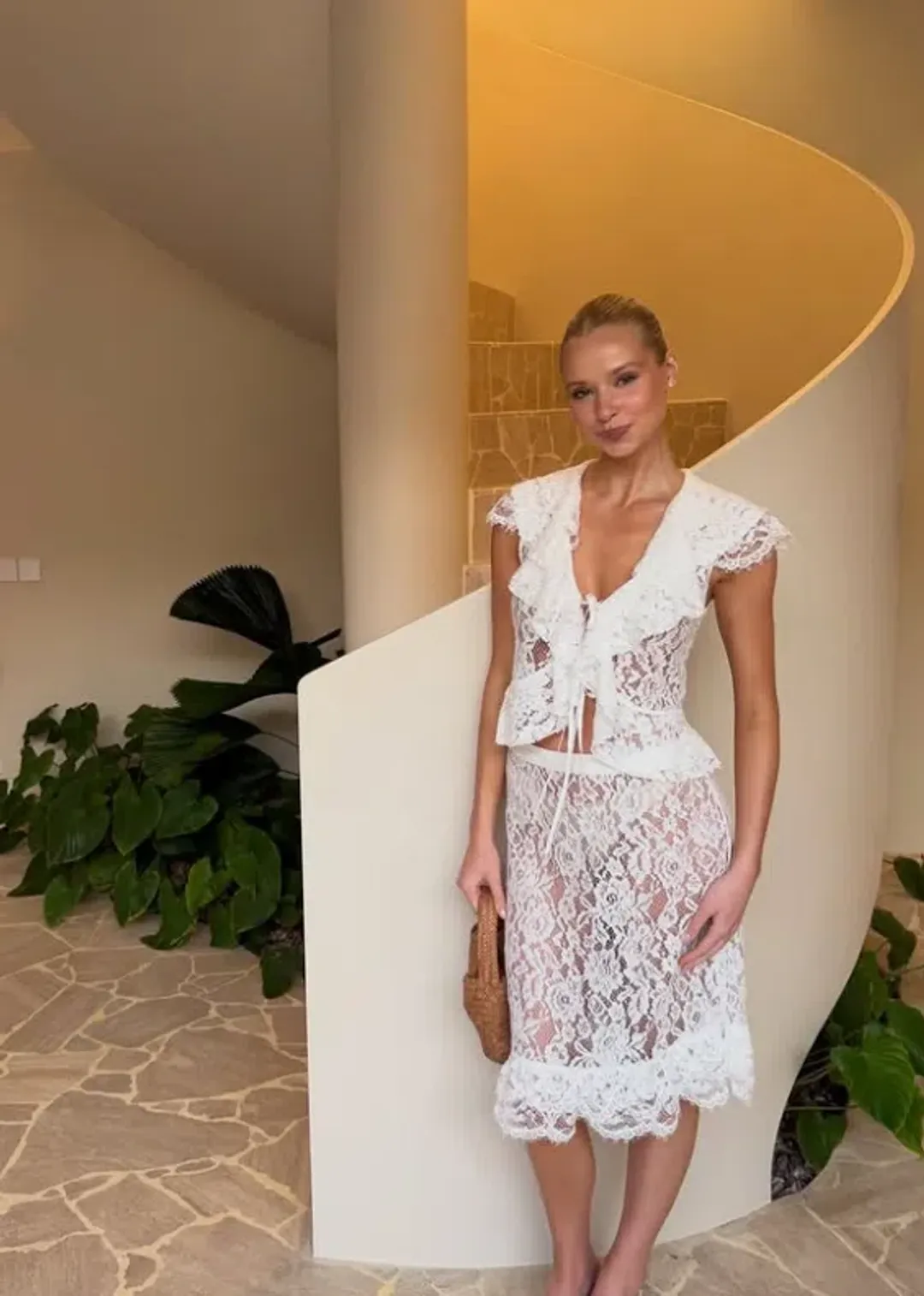 Harper Lu Frill Lace Set Cardigan Cap Sleeve and Midi Skirt Size Small for rent on The Volte - main image