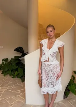 Harper Lu Frill Lace Set Cardigan Cap Sleeve and Midi Skirt Size Small for rent on The Volte - image 3