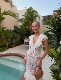 Harper Lu Frill Lace Set Cardigan Cap Sleeve and Midi Skirt Size Small for rent on The Volte - image 1
