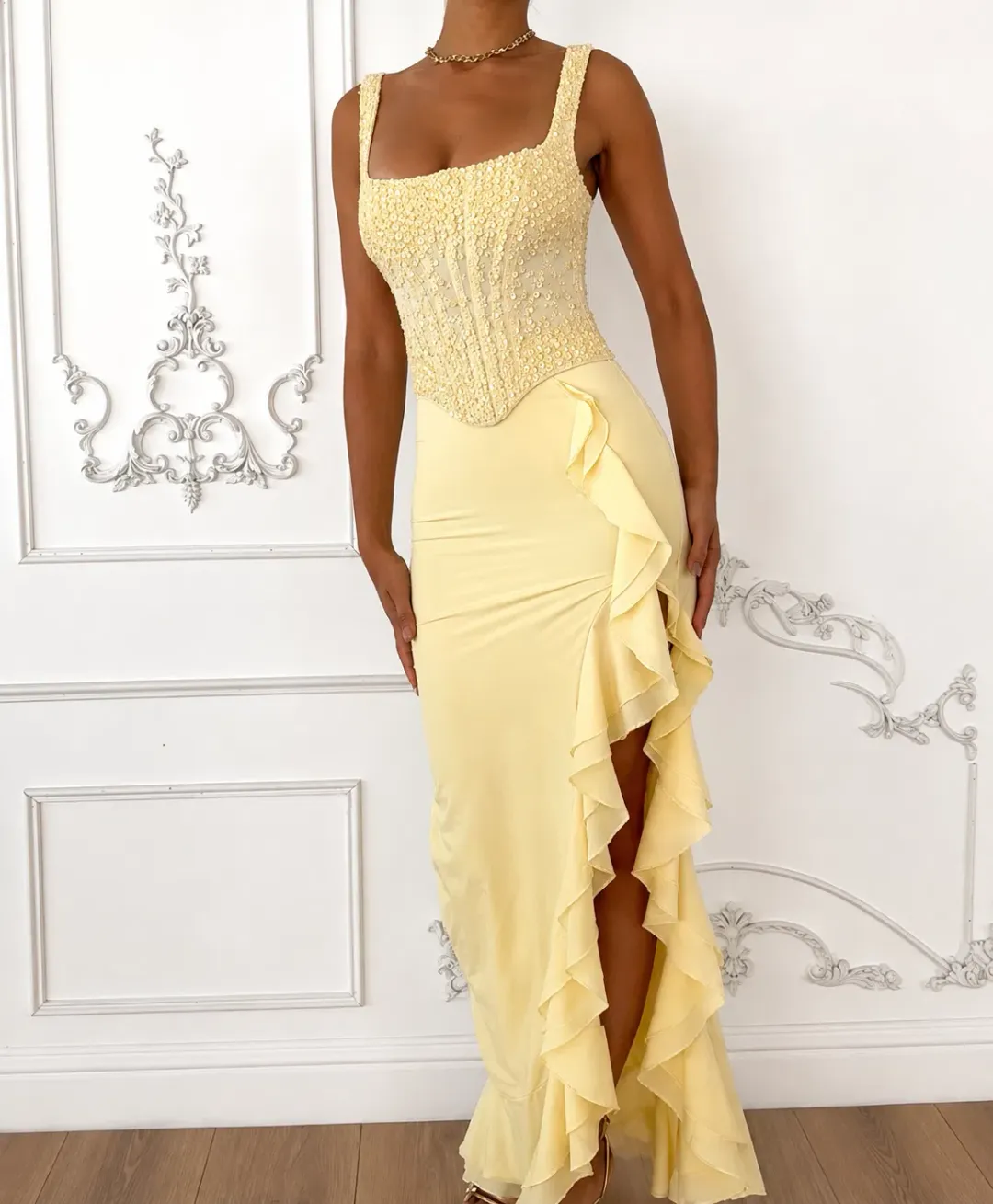 Oh Polly Robina Embellished Ruffle-Trim Corset Gown in Yellow Size M for rent on The Volte - main image