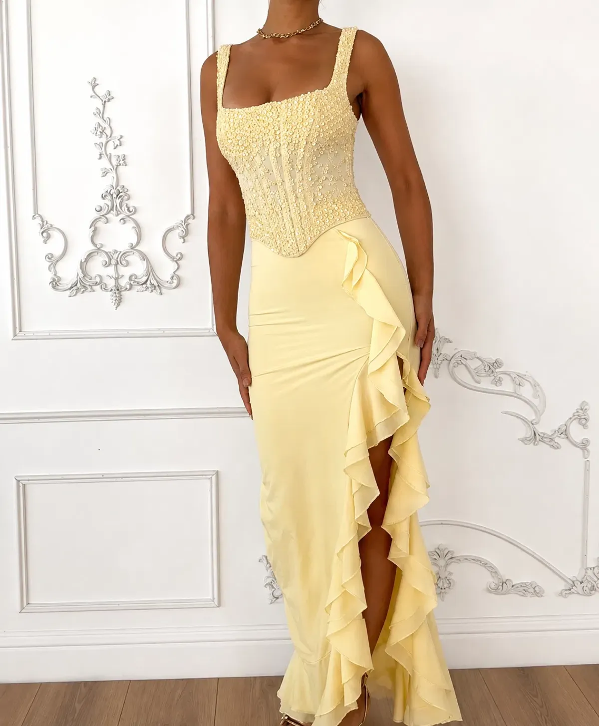 Oh Polly Robina Embellished Ruffle-Trim Corset Gown in Yellow Size M - Image 1