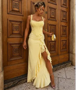 Oh Polly Robina Embellished Ruffle-Trim Corset Gown in Yellow Size M for rent on The Volte - image 2