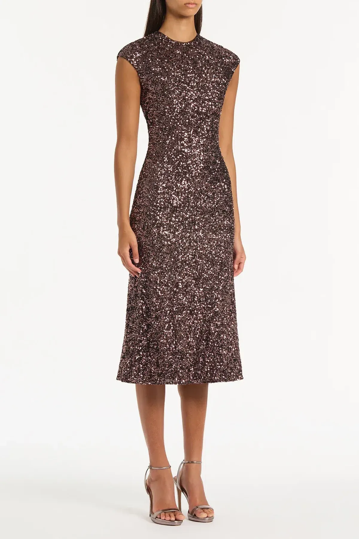 🤎 CARLA ZAMPATTI Copper Sequin Fluted Midi Dress – Copper Brown – Size AU 8 Formal 🤎 - Image 3