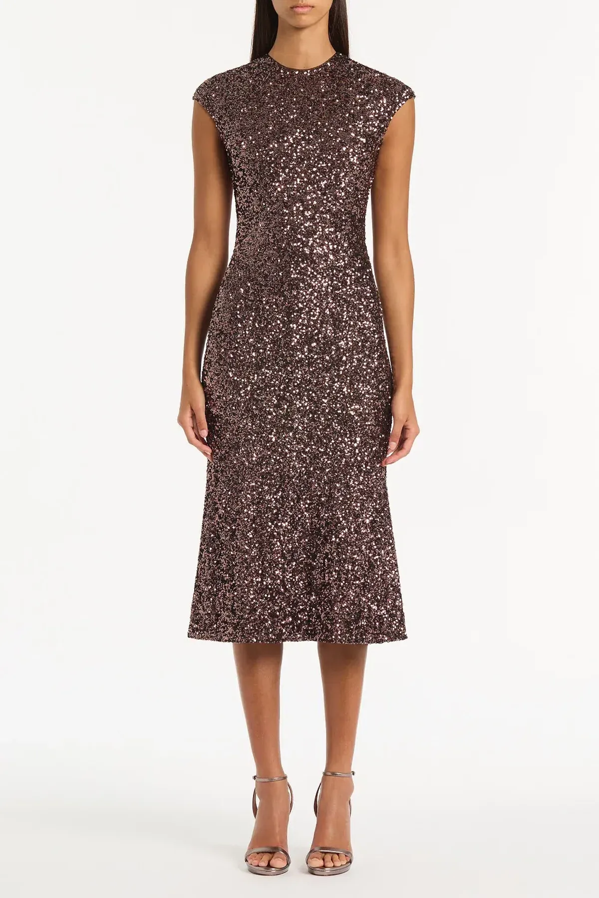 🤎 CARLA ZAMPATTI Copper Sequin Fluted Midi Dress – Copper Brown – Size AU 8 Formal 🤎 - Image 1
