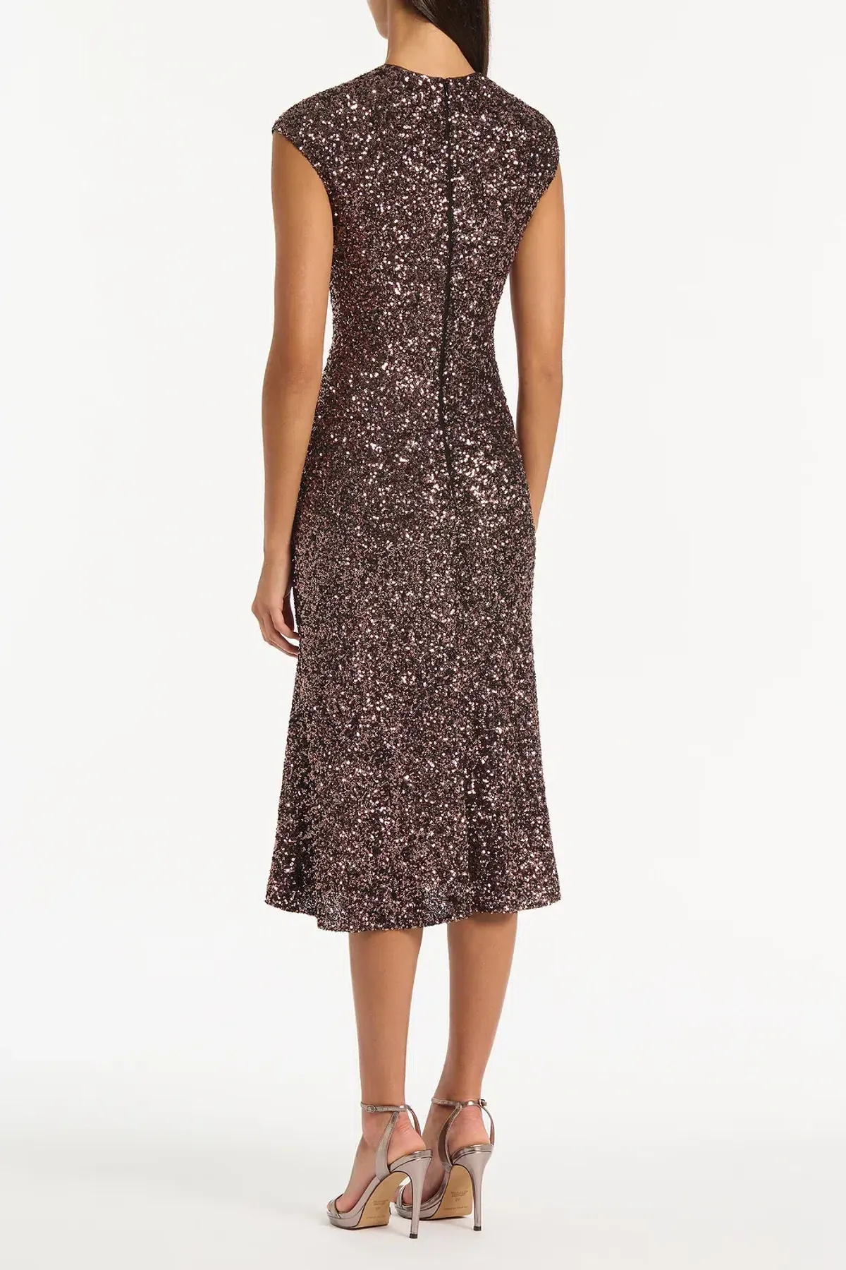 🤎 CARLA ZAMPATTI Copper Sequin Fluted Midi Dress – Copper Brown – Size AU 8 Formal 🤎 - Image 2
