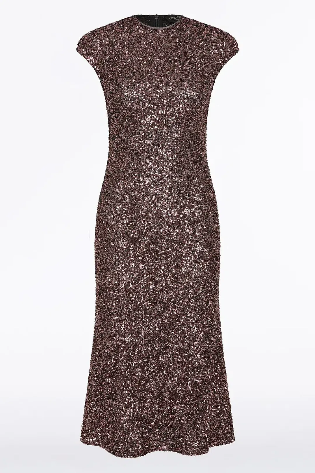 🤎 CARLA ZAMPATTI Copper Sequin Fluted Midi Dress – Copper Brown – Size AU 8 Formal 🤎 for rent on The Volte - main image