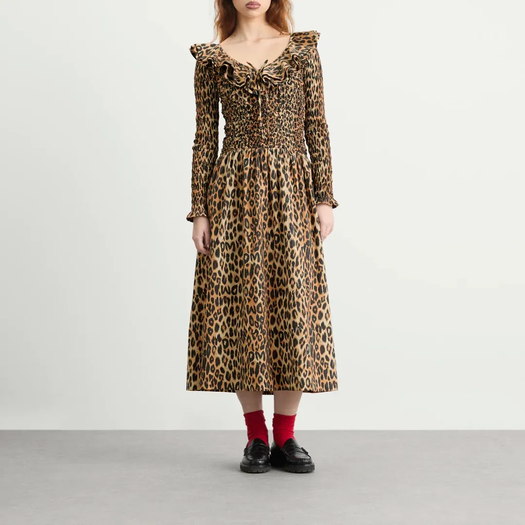 DAMSON MADDER HARPER SHIRRED MIDI DRESS In Leopard for rent on The Volte - main image