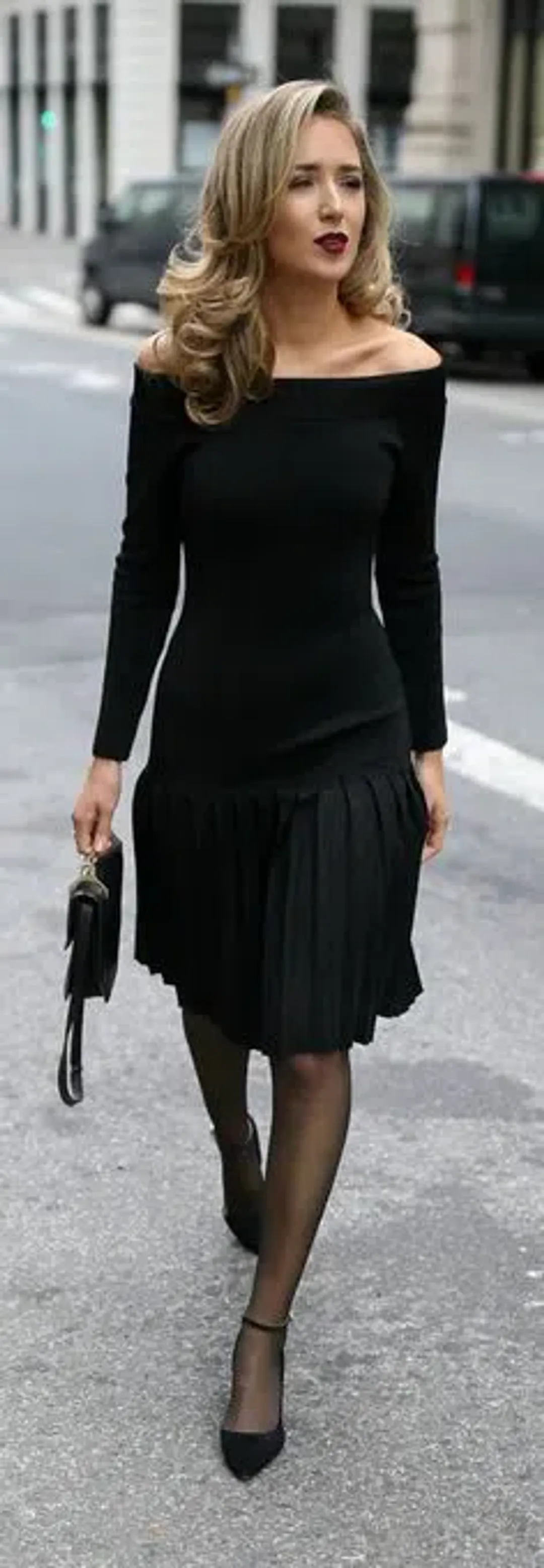 Rebecca Vallance off-shoulder pleated knit sparkle black dress | Size AU 10 for rent on The Volte - main image