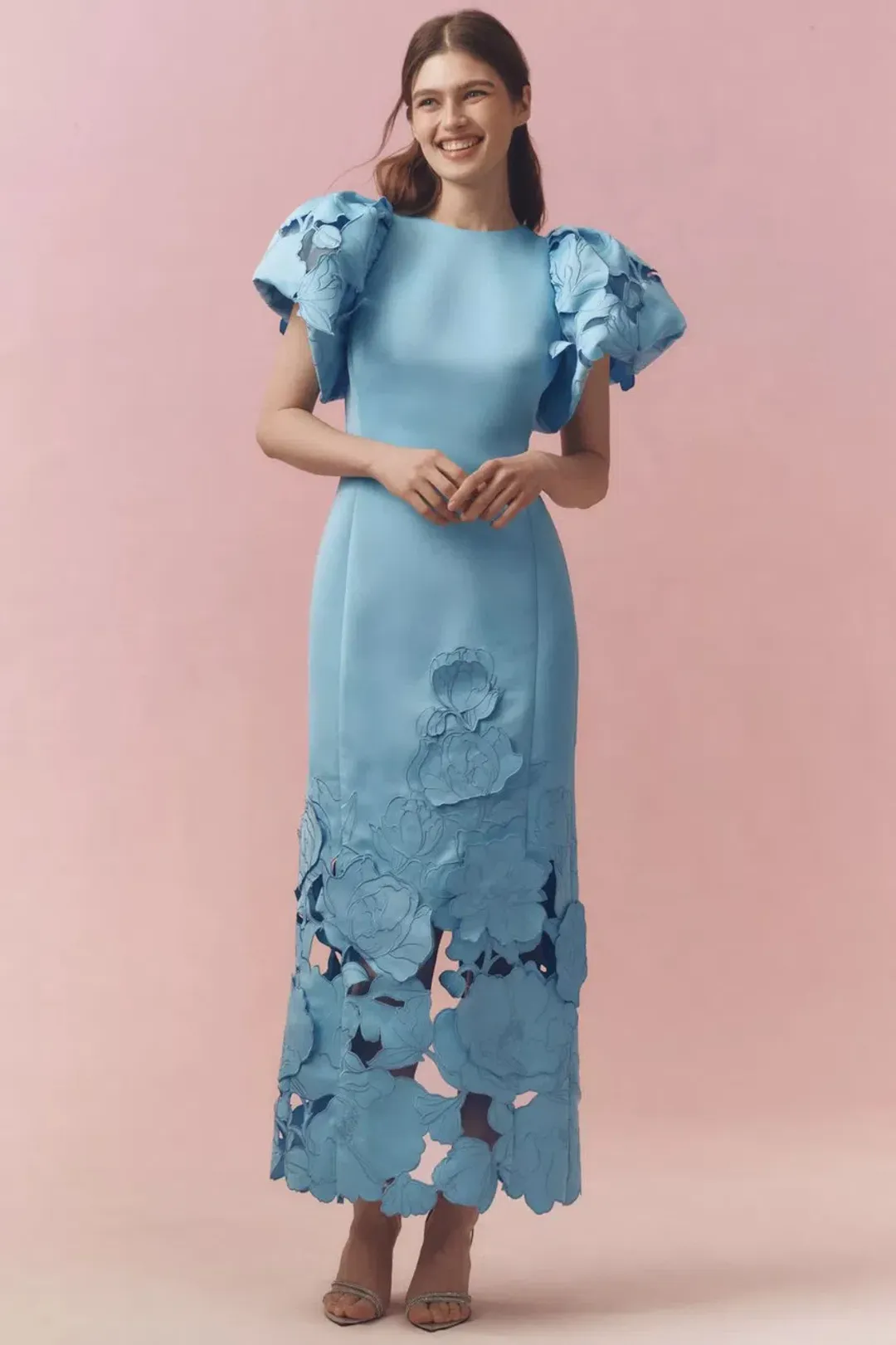 Leo Lin Lucinda Puff-Sleeve Appliqué Maxi Dress Blue Size 14 for rent on The Volte - main image