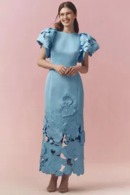 Leo Lin Lucinda Puff-Sleeve Appliqué Maxi Dress Blue Size 14 for rent on The Volte - image 4