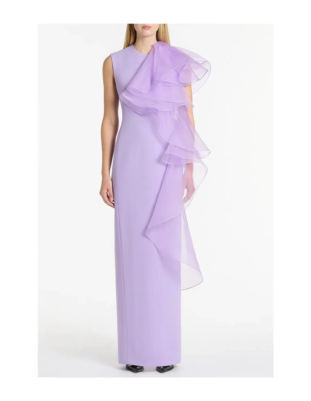 Carla Zampatti Lilac Purple Crepe Ruffle Shoulder Gown Size 12 for rent on The Volte - main image
