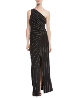 Halston Heritage One-Shoulder Metallic-Trimmed Crepe Gown Size 10 for rent on The Volte - image 1