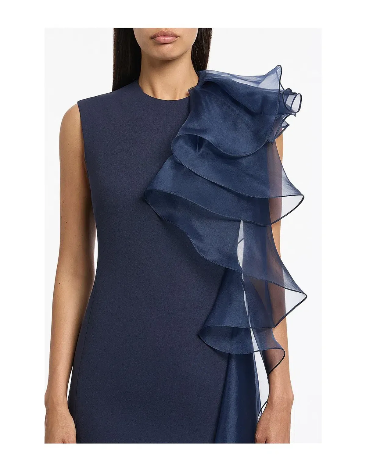 Carla Zampatti Navy Crepe Ruffle Shoulder Dress Size 10 - Image 4