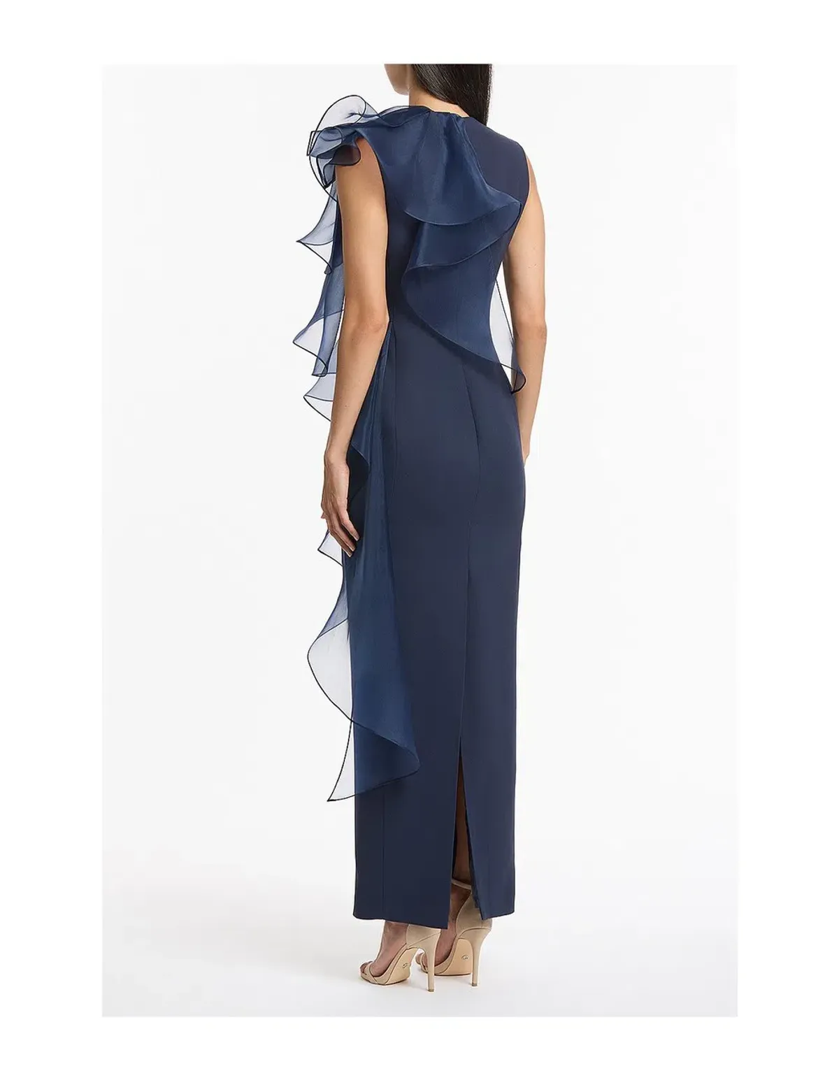 Carla Zampatti Navy Crepe Ruffle Shoulder Dress Size 10 - Image 3
