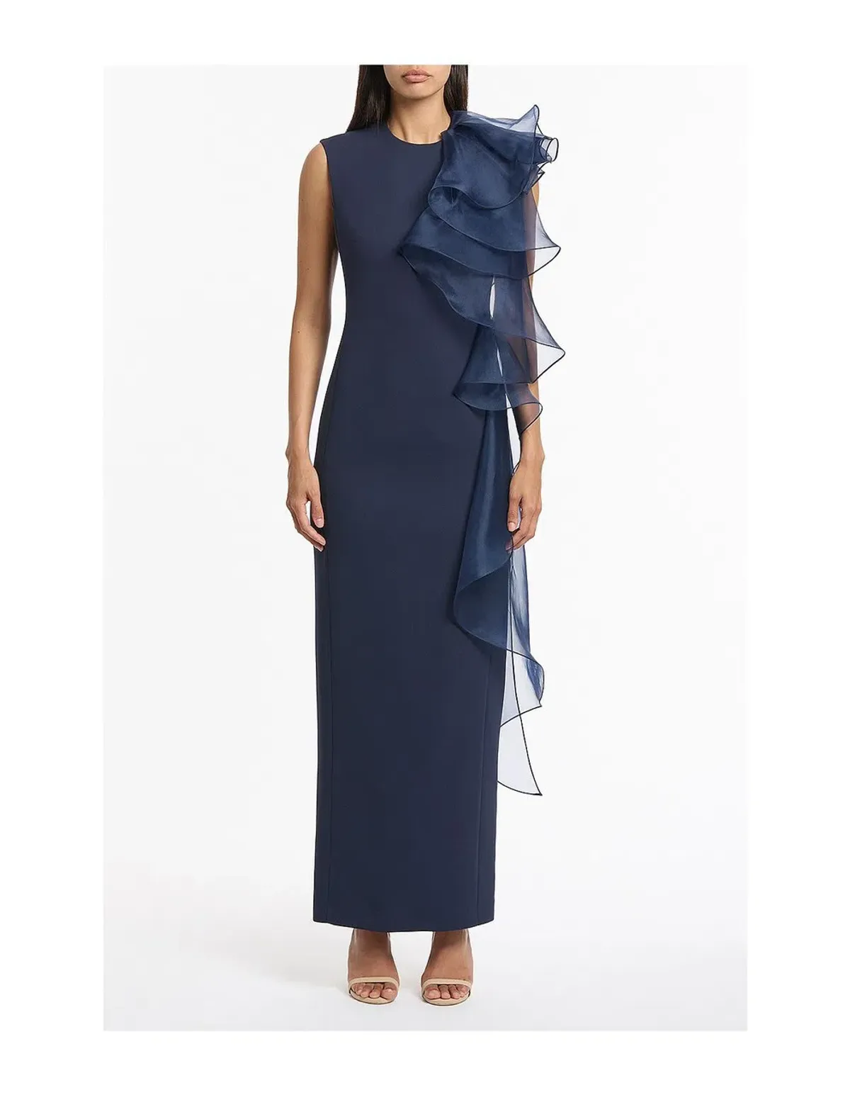 Carla Zampatti Navy Crepe Ruffle Shoulder Dress Size 10 - Image 1