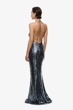 🩶 Misha "THE PLUNGE" Silver Sequin Jersey Maxi Dress - Size S / 8 AU - Gunmetal Grey Gown 🩶 for rent on The Volte - image 2