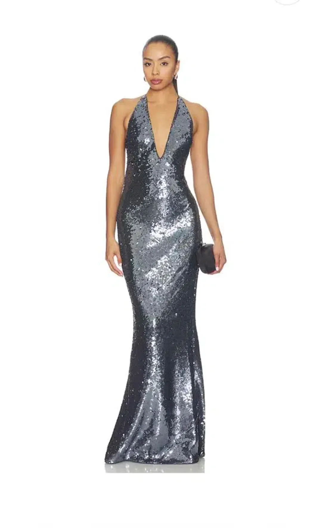 🩶 Misha "THE PLUNGE" Silver Sequin Jersey Maxi Dress - Size S / 8 AU - Gunmetal Grey Gown 🩶 for rent on The Volte - main image