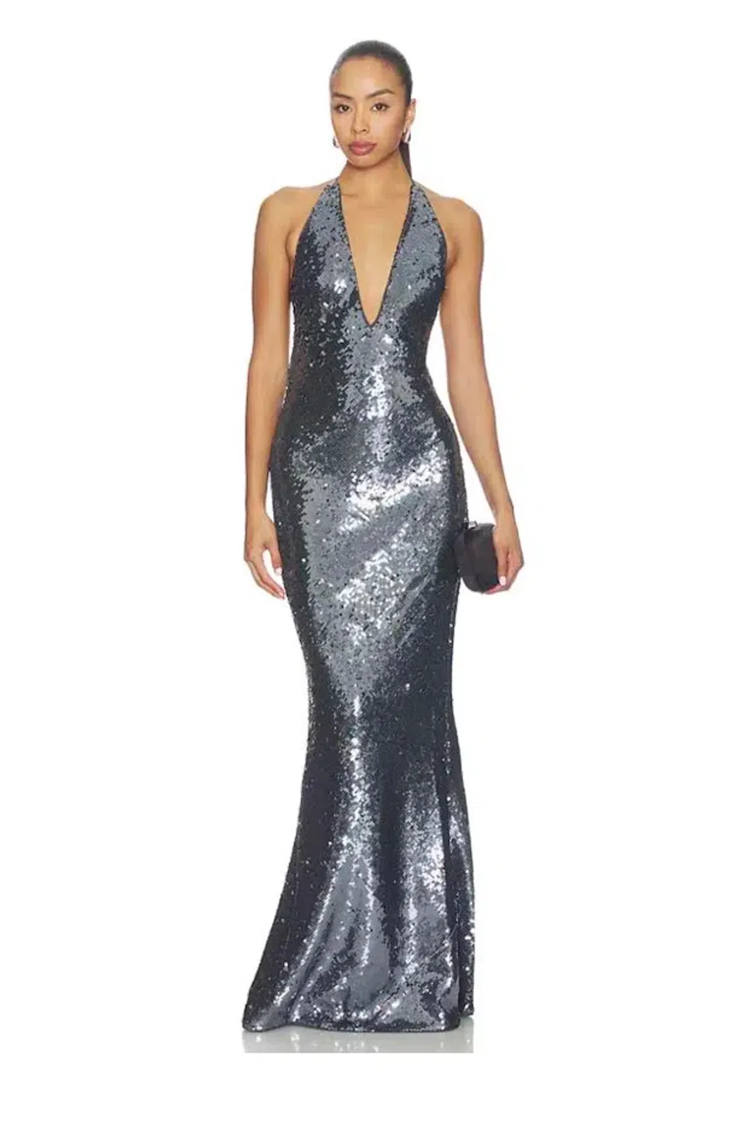 🩶 Misha "THE PLUNGE" Silver Sequin Jersey Maxi Dress - Size S / 8 AU - Gunmetal Grey Gown 🩶 for rent on The Volte - main image