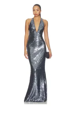 🩶 Misha "THE PLUNGE" Silver Sequin Jersey Maxi Dress - Size S / 8 AU - Gunmetal Grey Gown 🩶 for rent on The Volte - image 5