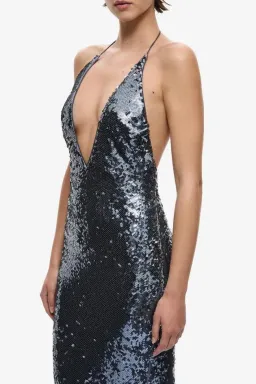 🩶 Misha "THE PLUNGE" Silver Sequin Jersey Maxi Dress - Size S / 8 AU - Gunmetal Grey Gown 🩶 for rent on The Volte - image 3
