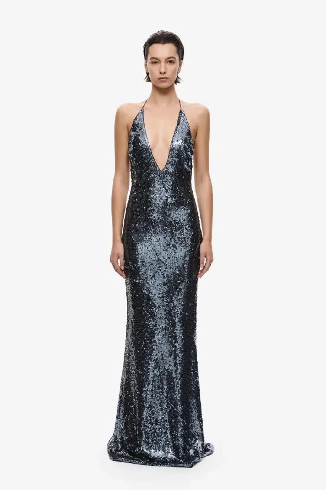 🩶 Misha "THE PLUNGE" Silver Sequin Jersey Maxi Dress - Size S / 8 AU - Gunmetal Grey Gown 🩶 for rent on The Volte - main image