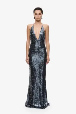🩶 Misha "THE PLUNGE" Silver Sequin Jersey Maxi Dress - Size S / 8 AU - Gunmetal Grey Gown 🩶 for rent on The Volte - image 1